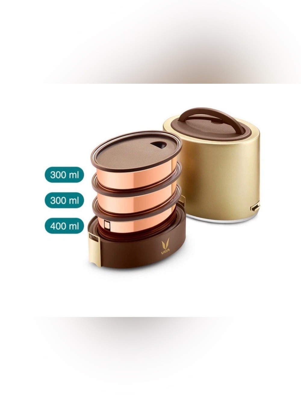 VAYA Tyffyn Copper 1000ml 3 Container Insulated Stainless Steel Lunch Box BagMat - Picture 3 of 14